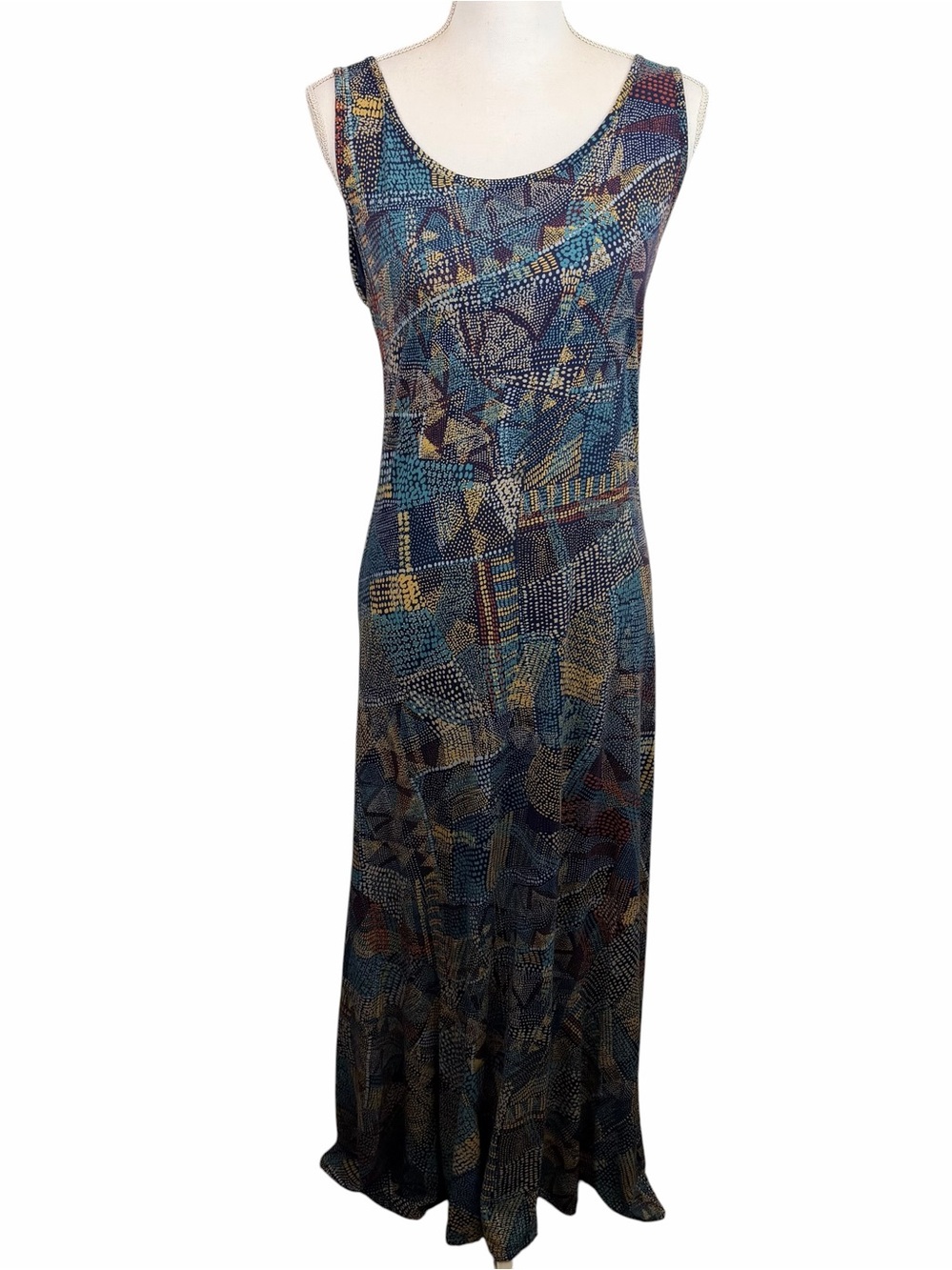 Peruvian Connection | Blue Gold Burgundy Multi Print Sleeveless Maxi Dress